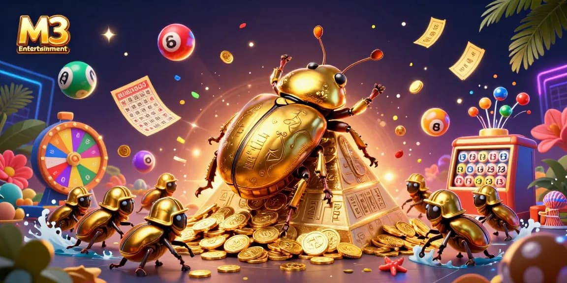 M3 Entertainment showcases a golden dung beetle rolling coins, surrounded by vibrant lottery elements, capturing thrilling casino excitement.