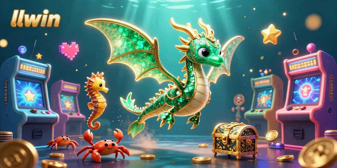 Experience excitement with llwin as a sea dragon guards treasures amidst vibrant casino elements.