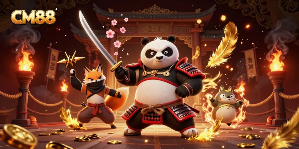 Engage with CM88's vibrant casino scene featuring samurai panda and ninja fox amidst immersive gaming elements.