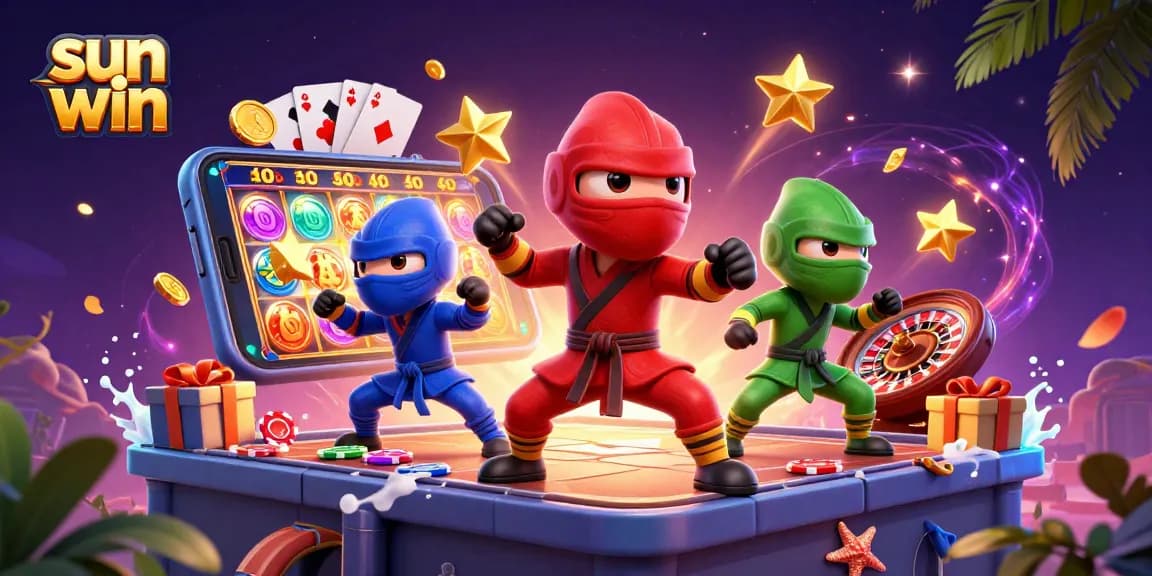 Experience exciting gameplay with sun win as three ninja chameleons showcase their skills amidst vibrant casino elements.