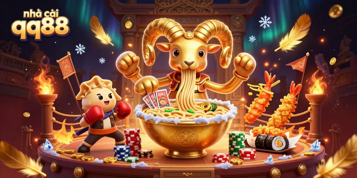 Engage with nhà cái qq88’s dynamic casino scene: a giant ramen bowl dealer, cards, and coins galore.
