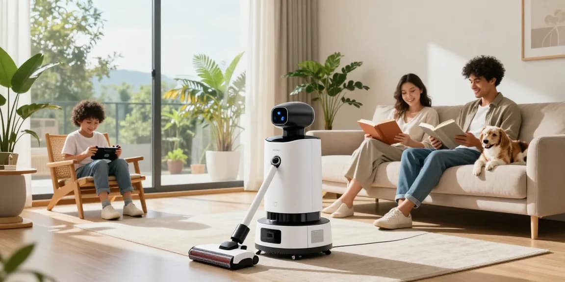 A humanoid home robot cleaning in a bright living room while a family enjoys quality time, showcasing the convenience of home robotics.