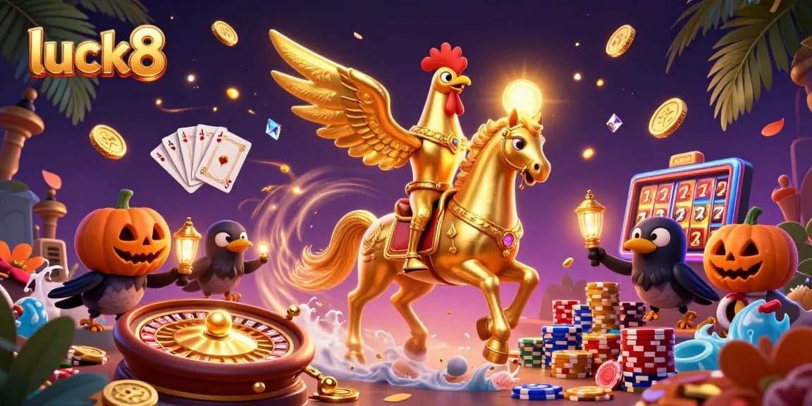Experience luck8's vibrant casino atmosphere with golden rooster and dynamic gaming elements.