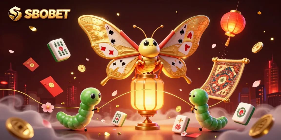 Engage with SBOBET's thrilling casino scene featuring a majestic moth and vibrant gaming elements.