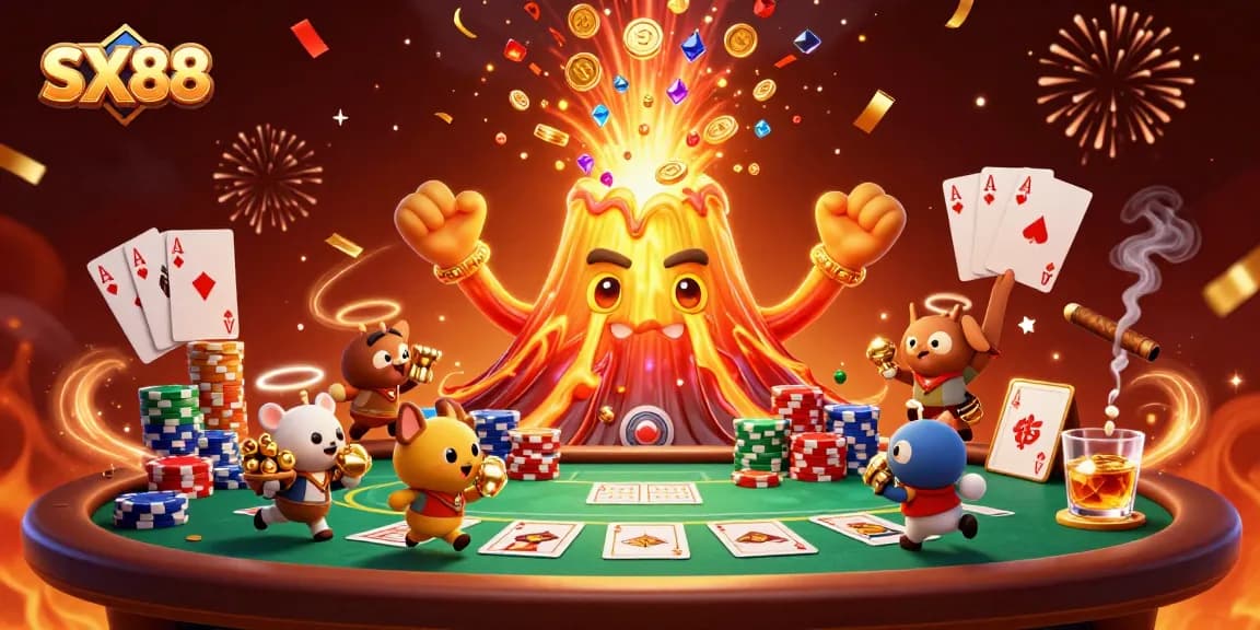 SX88 players celebrating a win under a golden volcano erupting coins at an exciting poker scene.
