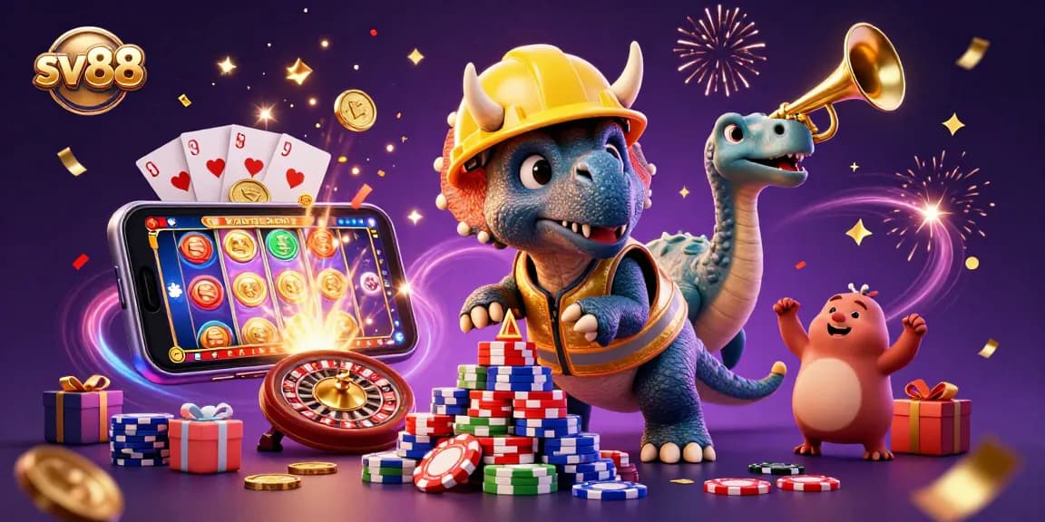 Experience thrilling gameplay at sv88 with cartoon dinosaurs celebrating poker success amid festive casino elements.