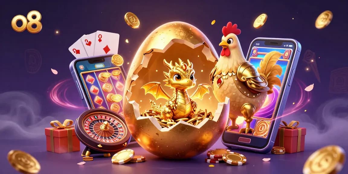 Engage in the vibrant world of o8 with a golden dragon emblematic of winning, surrounded by dynamic casino elements.