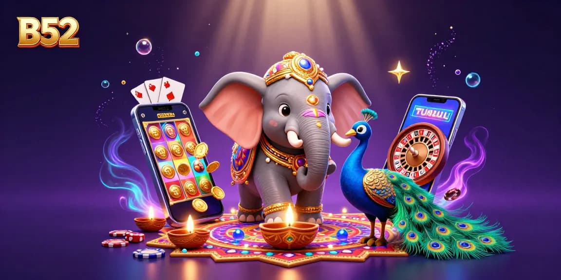 Engage with thrilling B52 gaming action featuring vibrant 3D illustrations and colorful slot elements.