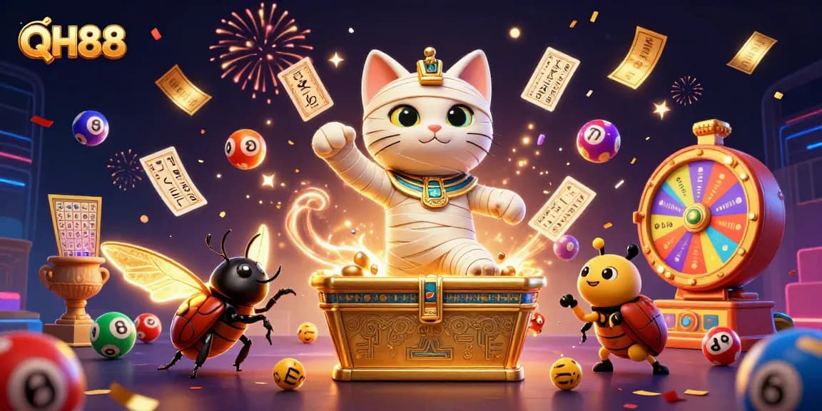 Win exciting prizes with QH88 in a vibrant 3D animated casino scene featuring a mummy cat and golden elements.