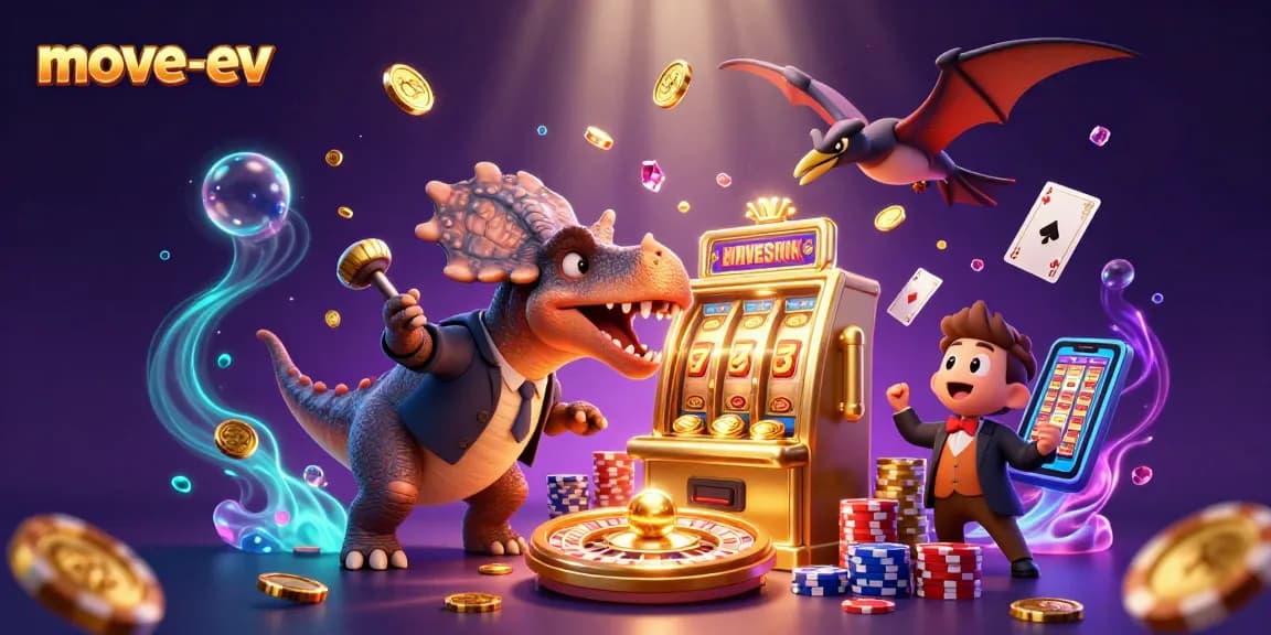 Engage with move-ev in this vibrant 3D scene where a dinosaur pairs luck and chaos at the slots.