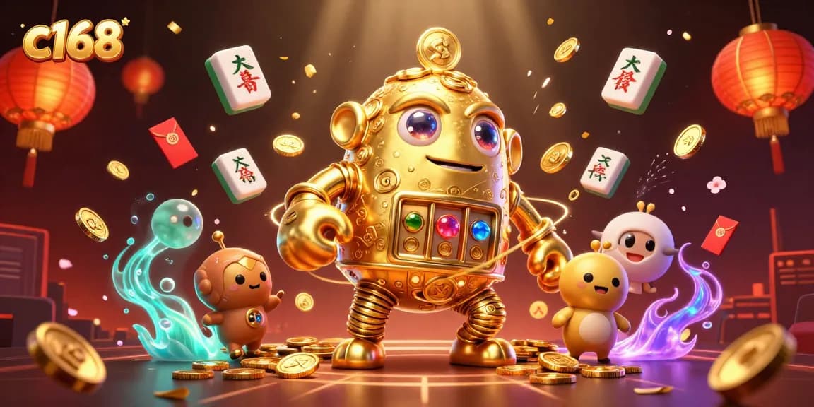 Experience thrilling gaming at c168 with vibrant visuals of a golden golem and casino elements.