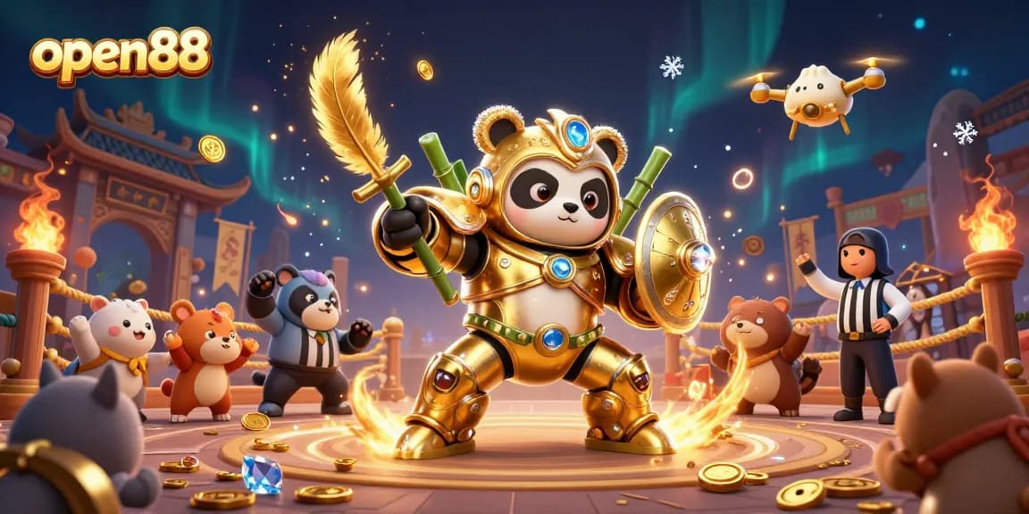 Experience vibrant gaming excitement with open88 featuring a golden panda battling in an electrifying casino arena.
