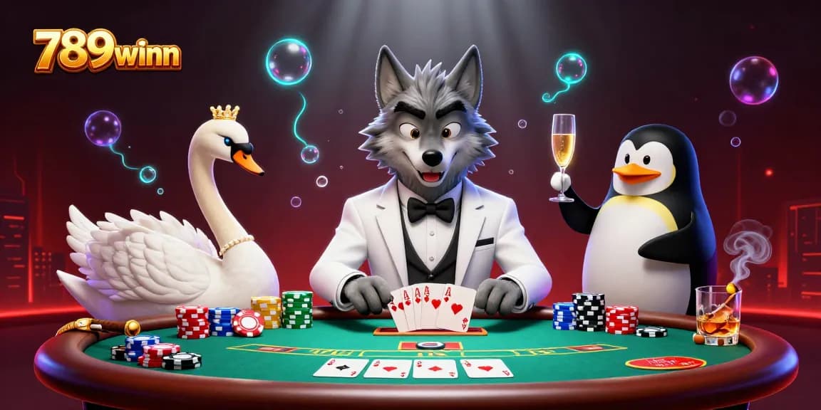 Experience high-stakes gaming at 789winn with an elegant 3D casino scene featuring a wolf, swan, and penguin.
