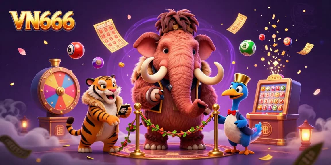 VN666 engaging casino scene with a woolly mammoth bouncer, saber-tooth VIP, and vibrant lottery elements.
