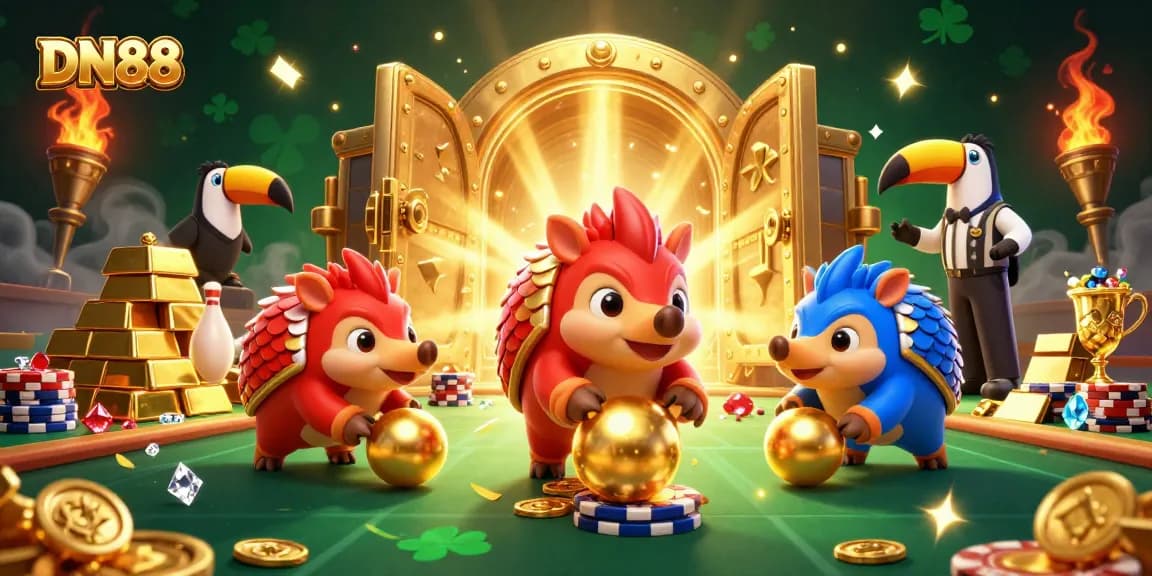 Engage with DN88's thrilling gaming scene featuring pangolins and golden treasures.