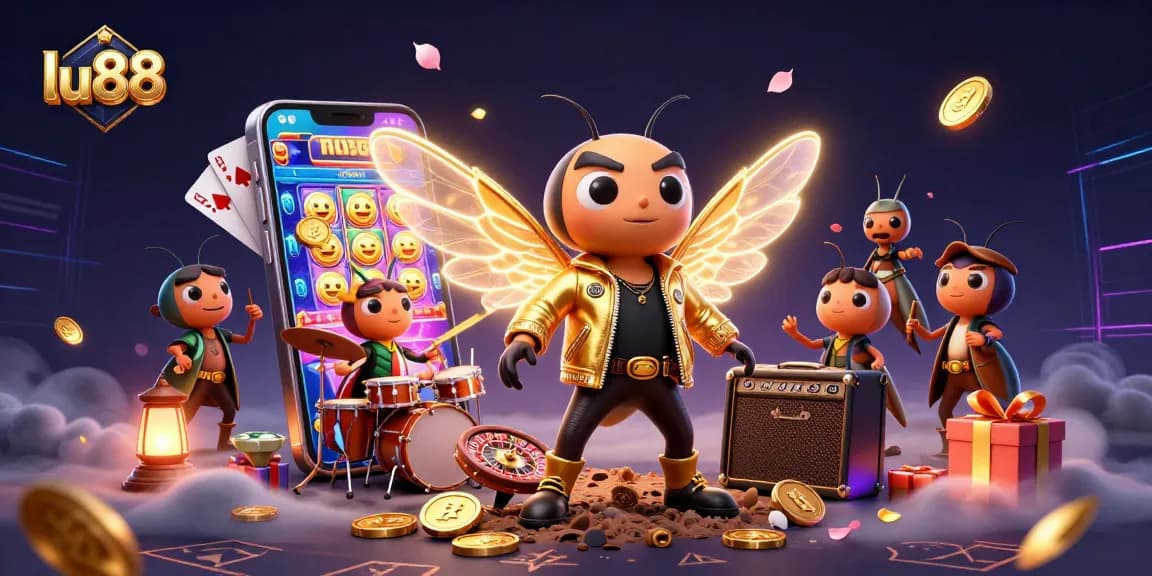 Spin the reels at lu88 with a vibrant 3D rockstar scene packed with casino elements.