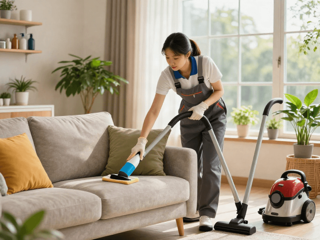 Cleaner performing upholstery cleaning in a cozy home, showcasing depo 10k cleaning products.