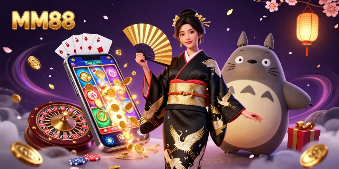 Win big with MM88 in a lively casino illustration showcasing exciting slot games and vibrant characters.