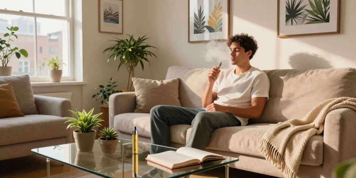 THC vape juice in premium gold vape pen, promoting natural wellness and relaxation in cozy urban setting.