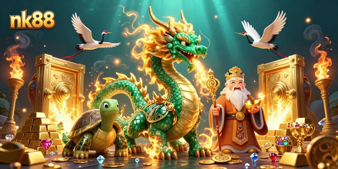 Engage with nk88's vibrant gaming world featuring a majestic dragon and lucky cranes.