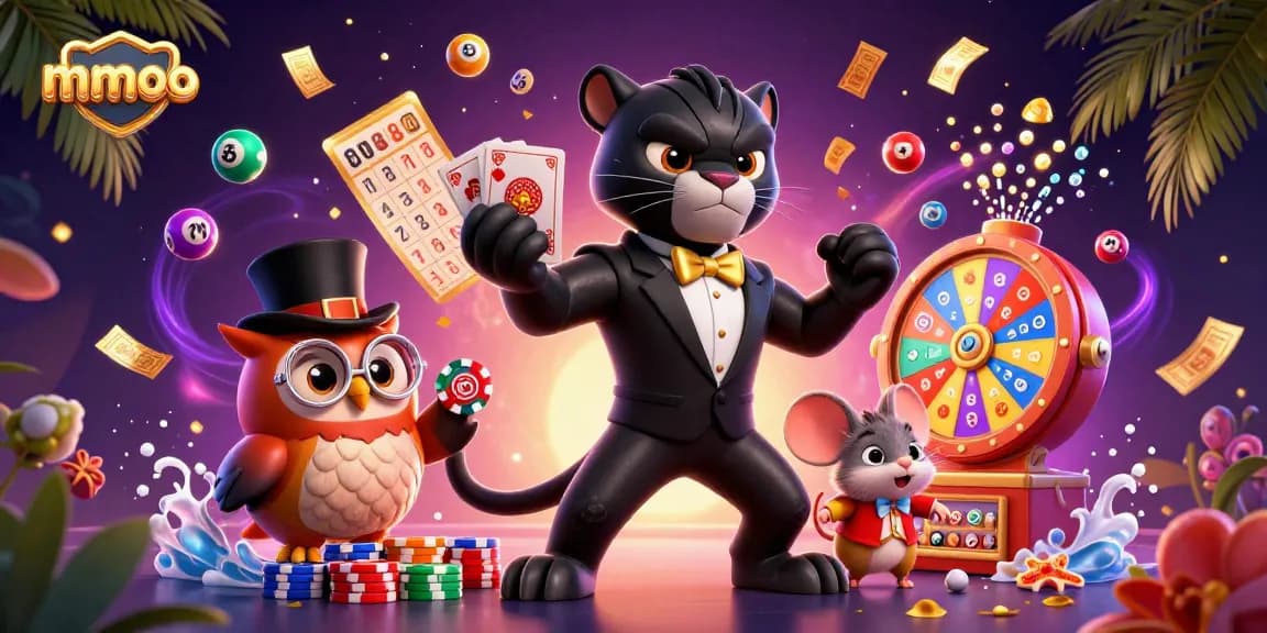 Engage with mmoo's vibrant gaming world featuring a black panther dealer, an owl with poker chips, and a lucky mouse in a lively casino atmosphere.