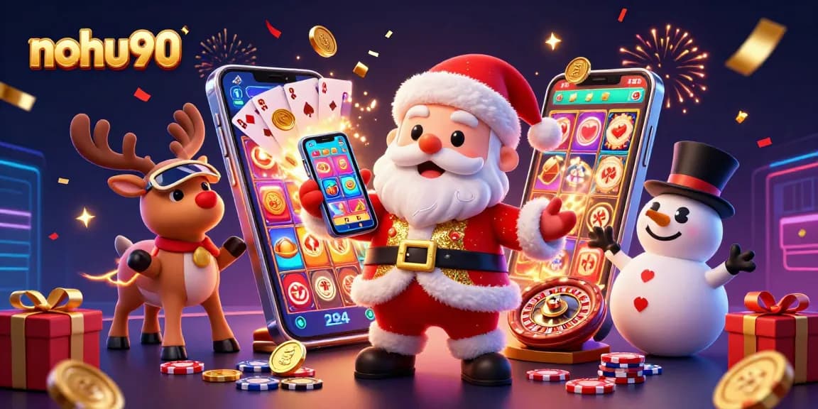 Play exciting slots at nohu90 with a festive Santa, reindeer dealer, and poker chip snowman amidst celebratory fusion