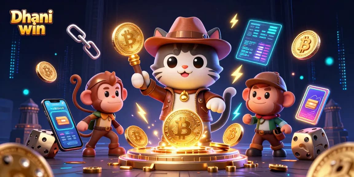Dhani win features a cartoon explorer cat discovering golden casino artifacts in a vibrant digital temple scene.