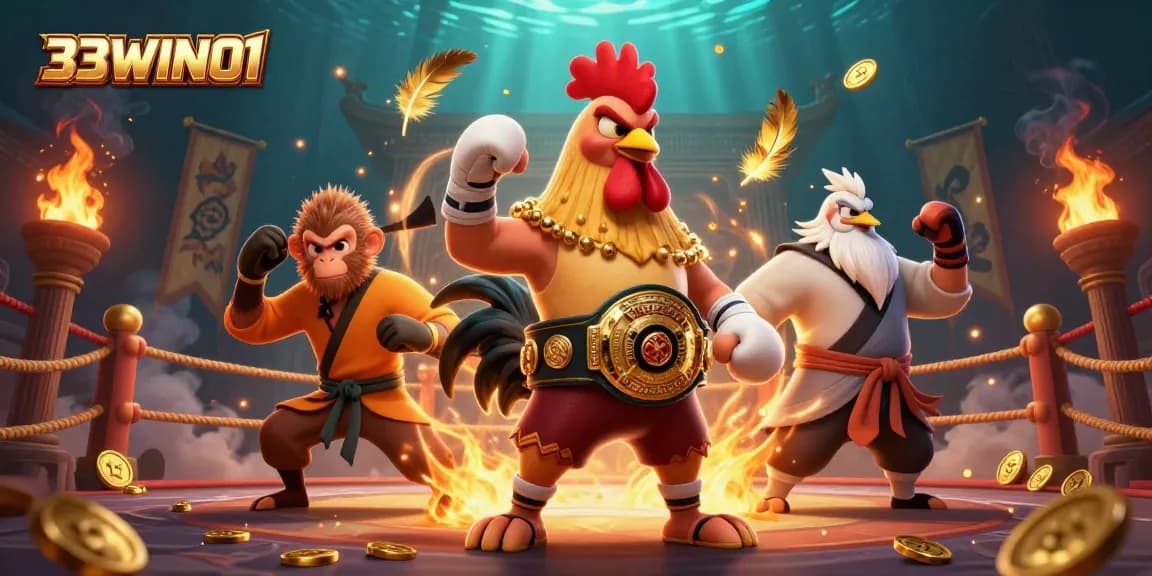 Engage with the thrilling 33WIN01 casino experience featuring action-packed illustrated characters and visual excitement.