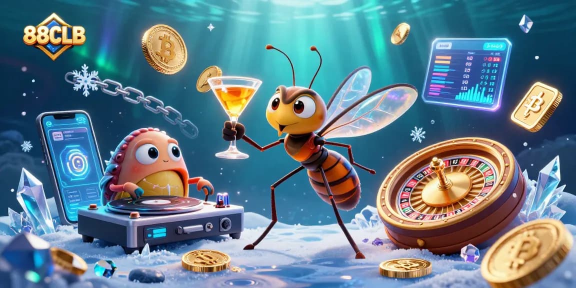 88CLB casino mascot bringing fun to life, featuring crypto elements and engaging characters set against a vibrant background.