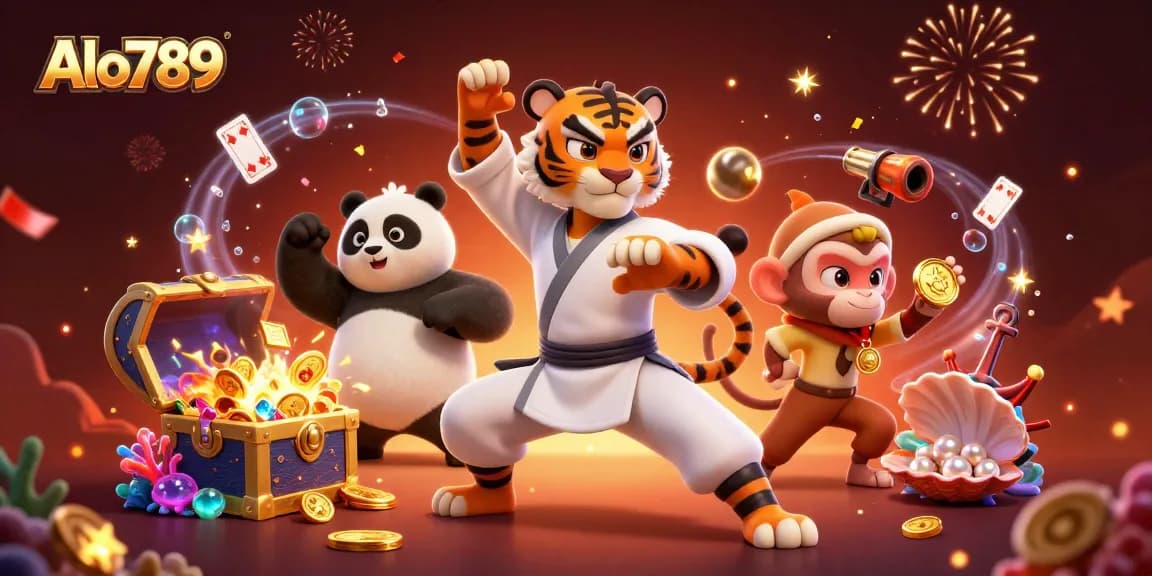 Alo789 features a fun arena with a kung fu tiger master, a panda disciple, and a monkey student, emphasizing exciting gambling action.
