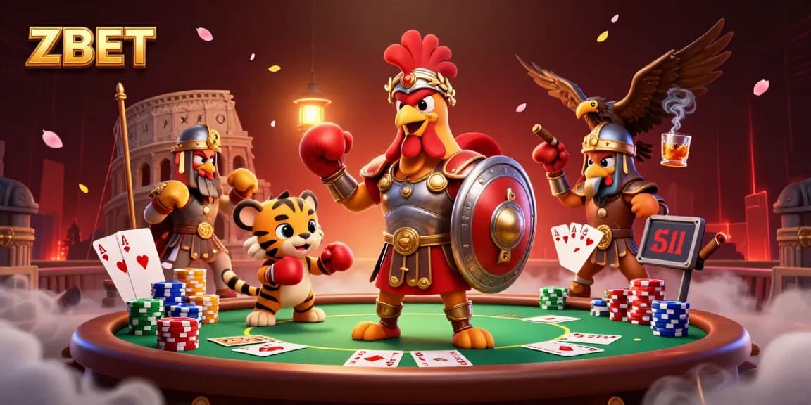 ZBET showcases an energetic scene with gladiator rooster, poker elements, and dynamic casino atmosphere.