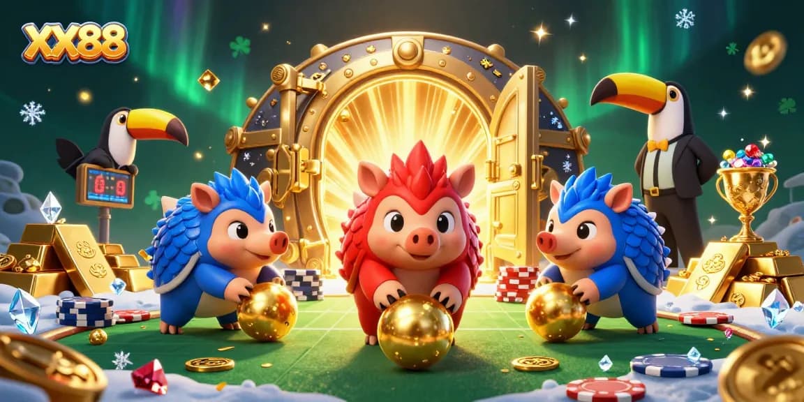 Experience thrilling action at XX88 with vibrant pangolins, poker chips, and treasure in a rich casino scene.