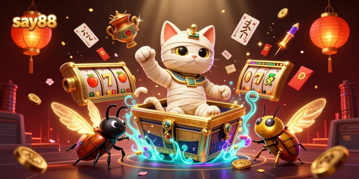 Experience the thrilling action at say88 with a vibrant 3D illustration of a mummy cat and casino elements.