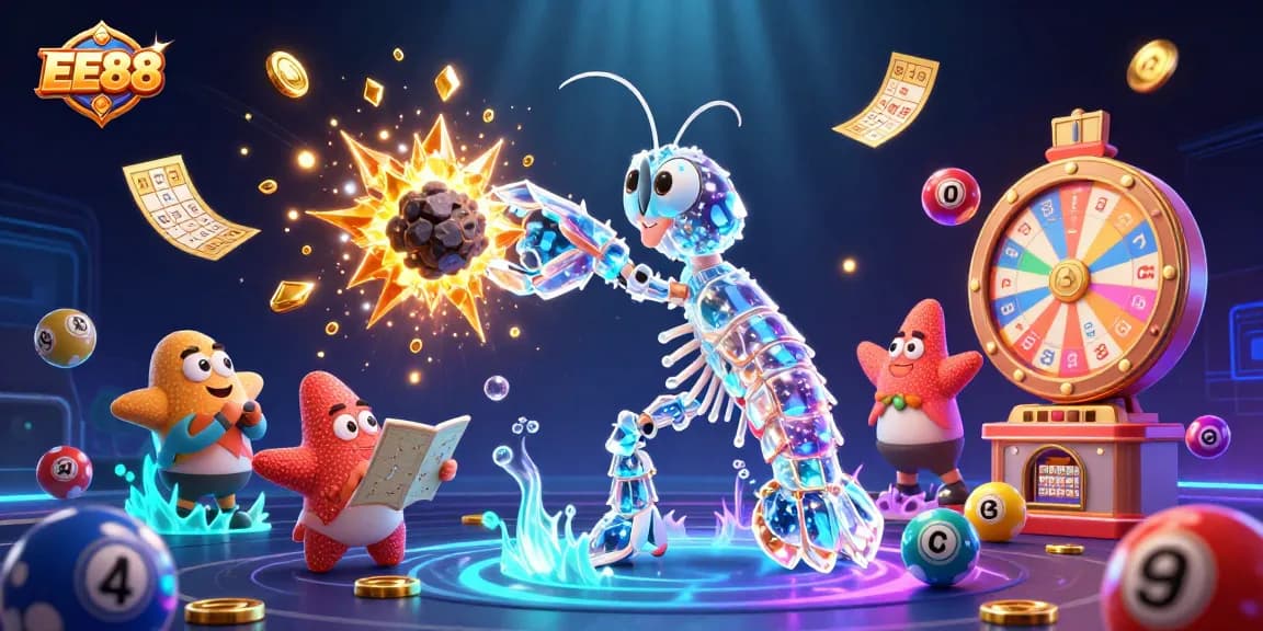 EE88 showcases a galactic samurai shrimp in battle amid vibrant lottery elements, highlighting money rain effects.