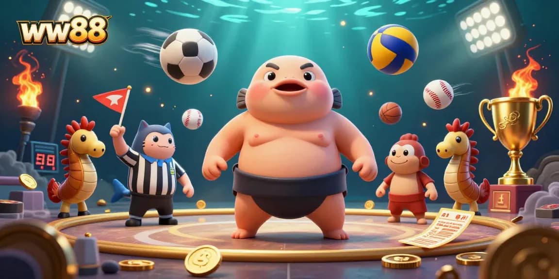 Engage in winning strategies at ww88 with a dynamic underwater casino scene featuring a fugu as a sumo wrestler.