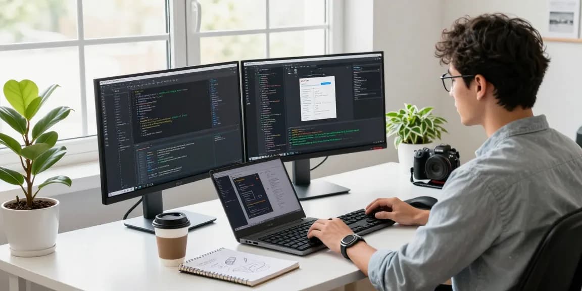 WhatsApp下載 process shown in a modern tech workspace with developers coding and collaborating.