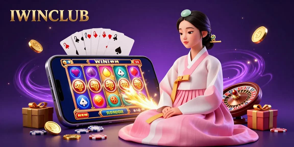 IWINCLUB players enjoy a vibrant 3D casino experience filled with spinning slot games and golden coins.