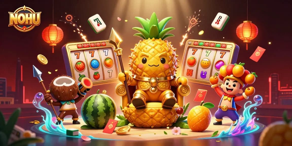 Experience excitement with NOHU's vibrant casino scene featuring a golden pineapple king and dynamic gaming elements.