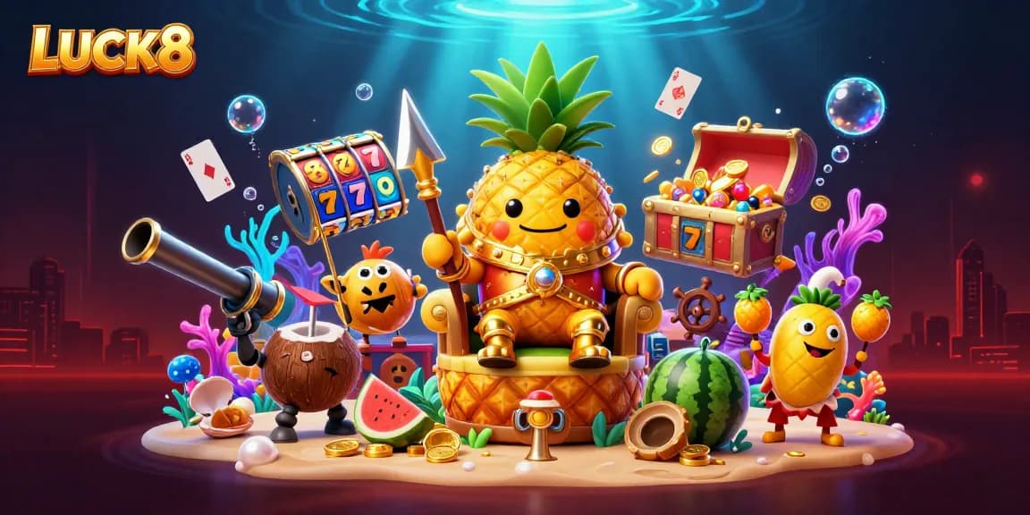 LUCK8 immersive casino scene with a golden pineapple king, slot reels, and vibrant underwater elements.