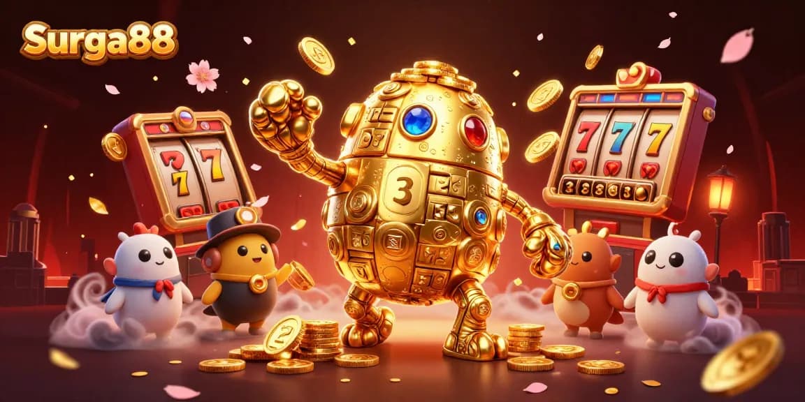 Experience Surga88 with vibrant 3D visuals, animated coins, and dynamic slot game elements.