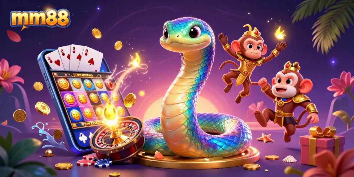 Engage with mm88's vibrant casino world through a dynamic illustration featuring a rainbow serpent and gaming elements.
