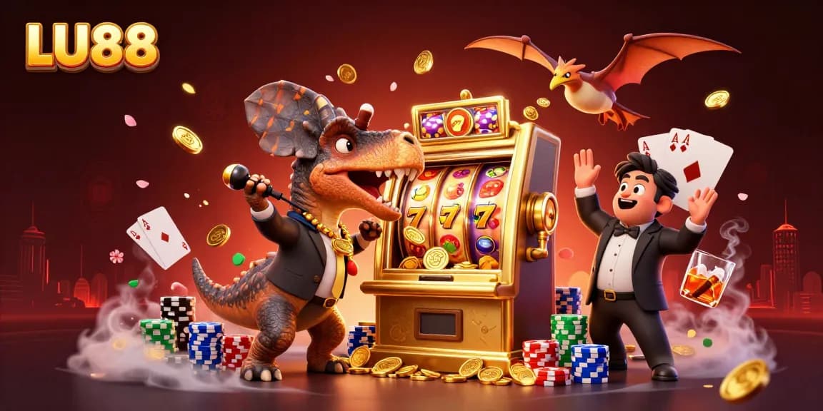 LU88 brings excitement with a pachycephalosaurus celebrating jackpot wins in a lively casino scene.