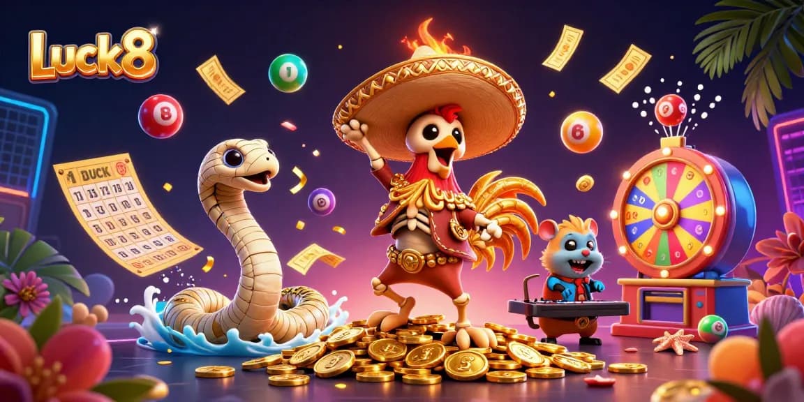 Engage in exciting gameplay with Luck8's vibrant casino characters amidst a dynamic atmosphere.