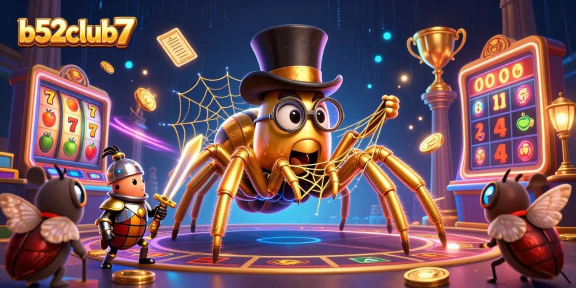 Play slots at b52club7, featuring a golden tarantula and brave beetle knight in a detailed casino scene.
