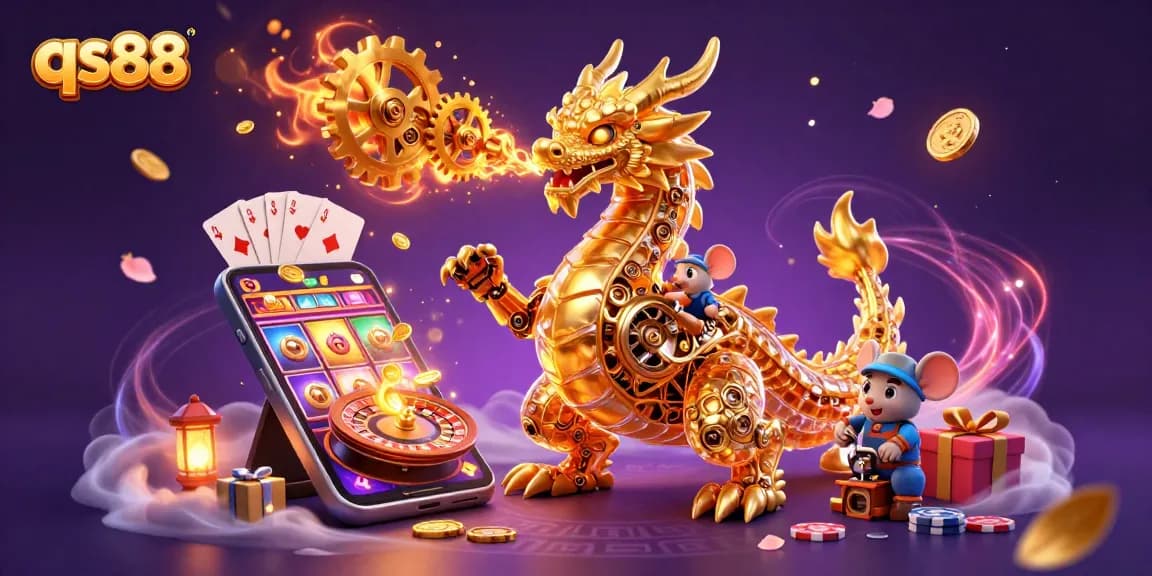 Experience thrilling gaming adventures at qs88 with a golden dragon revealing treasures of slot games and more.
