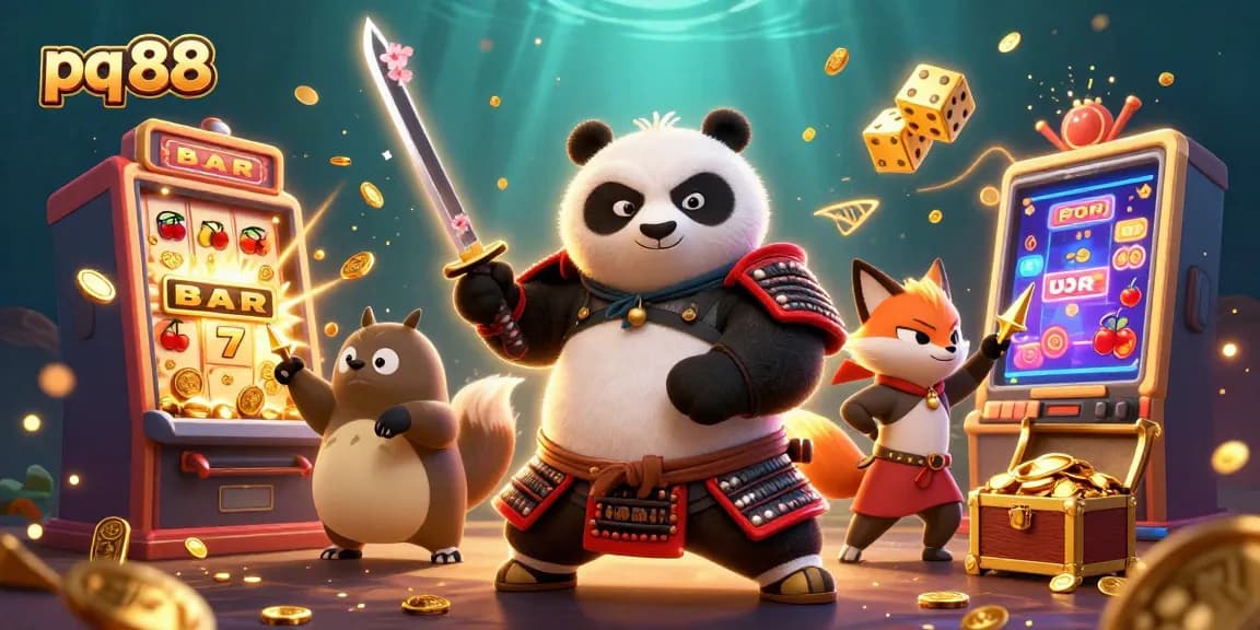 Engage in exciting gameplay at pq 88 with a dynamic scene featuring 3D samurai panda, ninja fox, and magical tanuki.