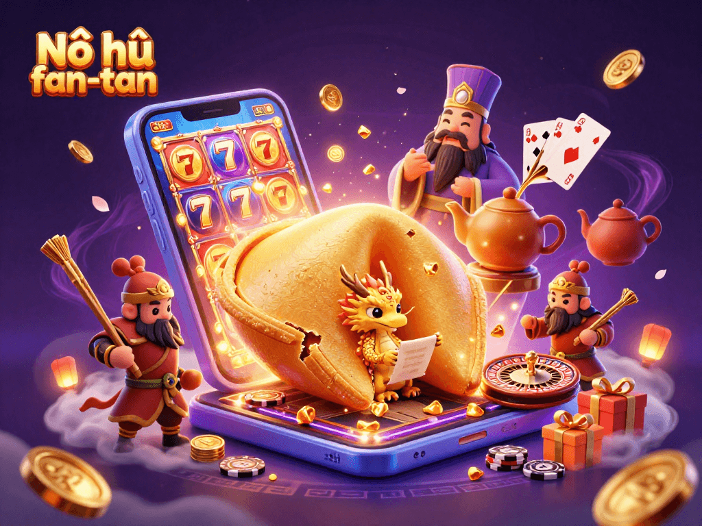 Nổ hũ fan-tan thrilling slot game scene filled with high-energy characters and vivid elements.