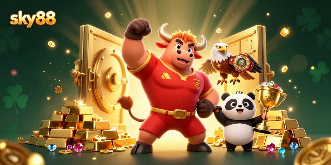 Join the excitement at sky88 with a victory pose from our mascot amidst a treasure-filled casino scene.