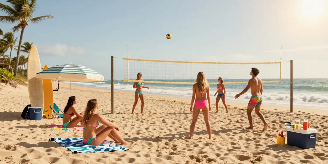 Friends enjoying BIKINISLOT-themed beach day with vibrant swimwear and relaxing atmosphere.
