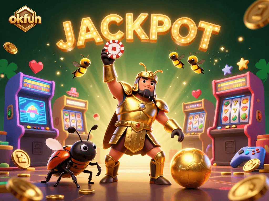 Experience winning moments at okfun with a victorious beetle and a vibrant casino scene